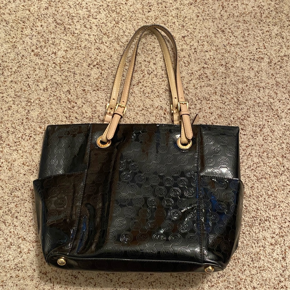 Michael kors black vinyl tote bag with tan handles